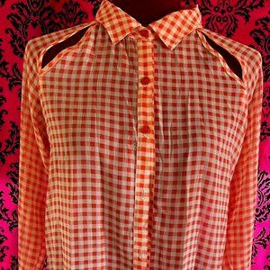 HIP Happening In The Present Sheer Red Gingham Blouse Women's Size Medium Button